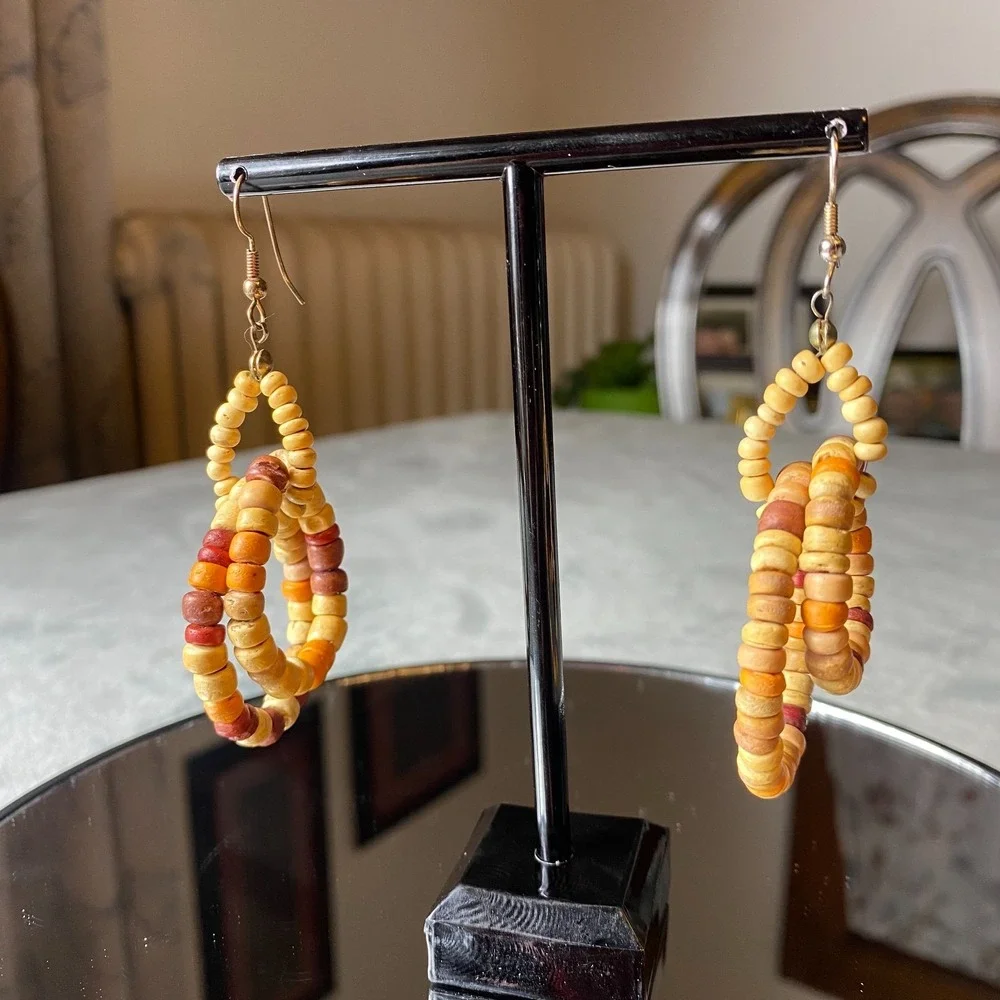 Pierced Artisan Rustic Earrings Bohemian Dangle Wooden Earthy Brown Color